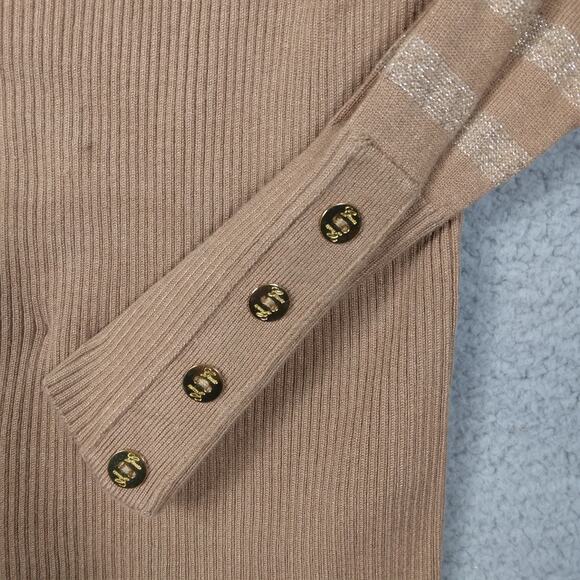 Guess Blouse Size Large Long Sleeve Fine Knit Gold and Light Brown Stripes - Picture 3 of 6